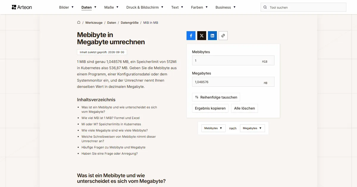 Screenshot des kostenlosen Arteon-Werkzeugs: Mebibyte in Megabyte umrechnen