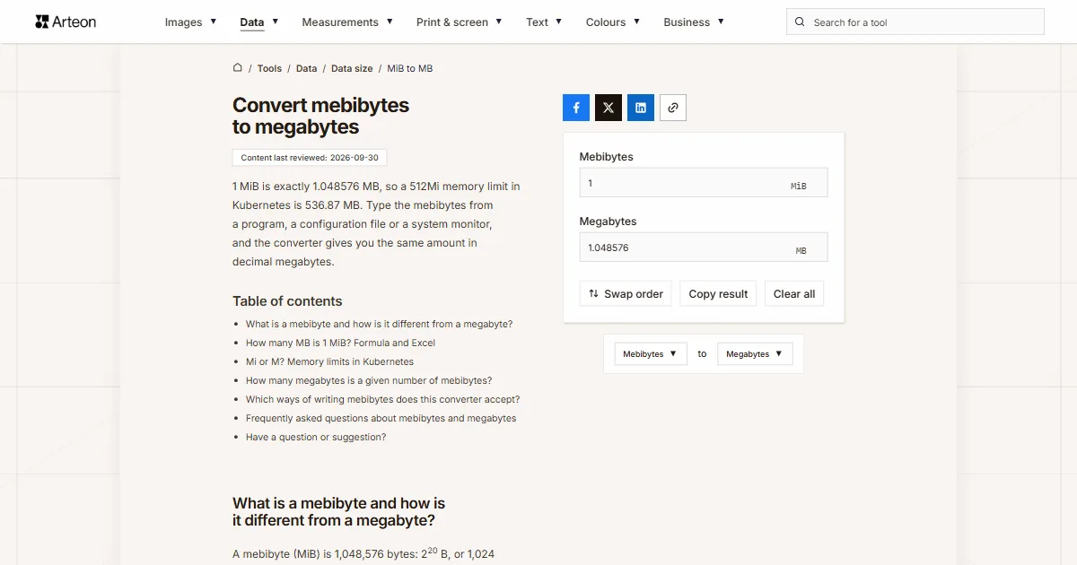 Arteon free tool screenshot: Convert mebibytes to megabytes