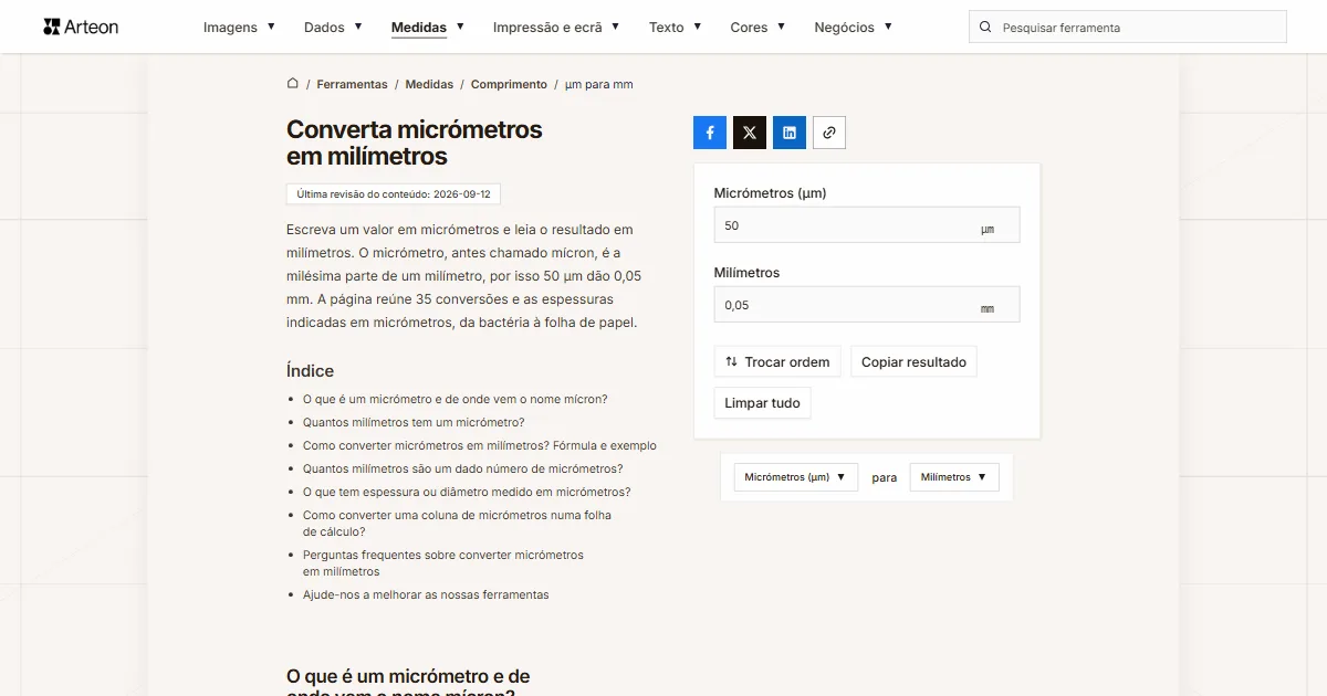 Captura de ecrã da ferramenta gratuita da Arteon: Converta micrómetros em milímetros