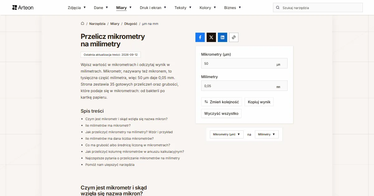 Zrzut ekranu darmowego narzędzia Arteon: Przelicz mikrometry na milimetry