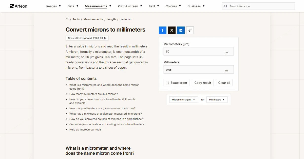 Arteon free tool screenshot: Convert microns to millimeters