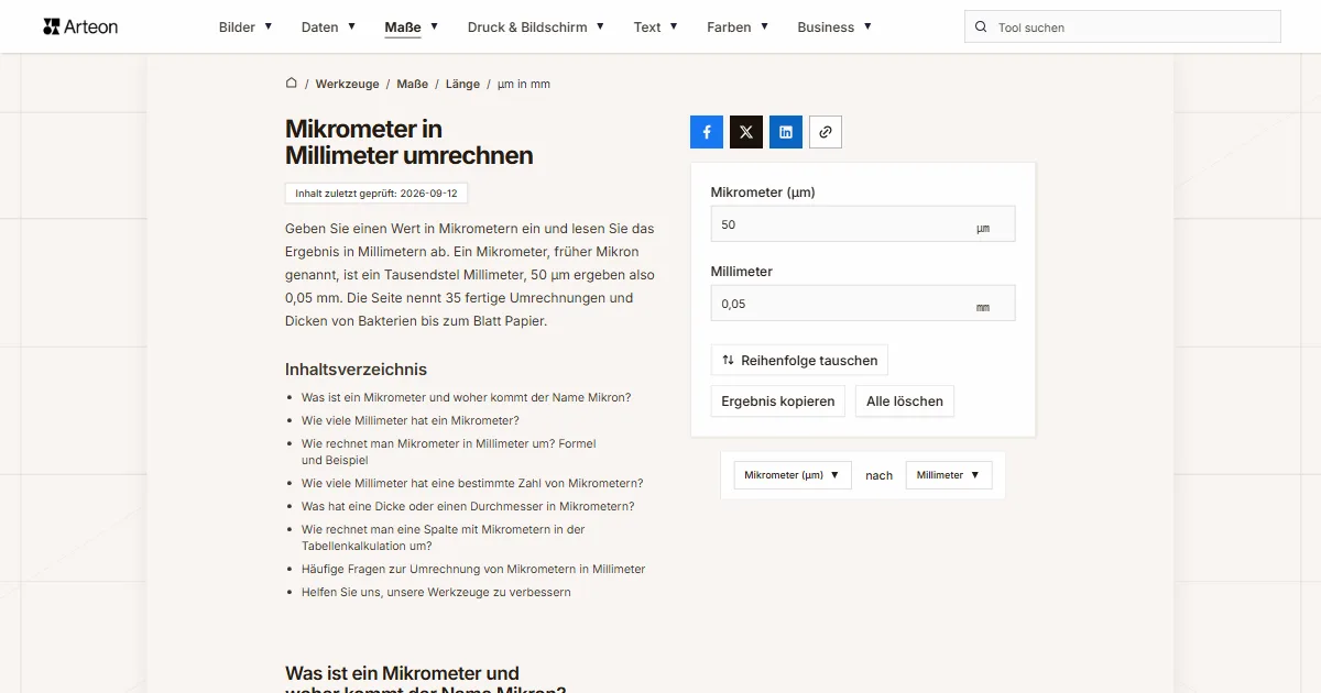 Screenshot des kostenlosen Arteon-Werkzeugs: Mikrometer in Millimeter umrechnen