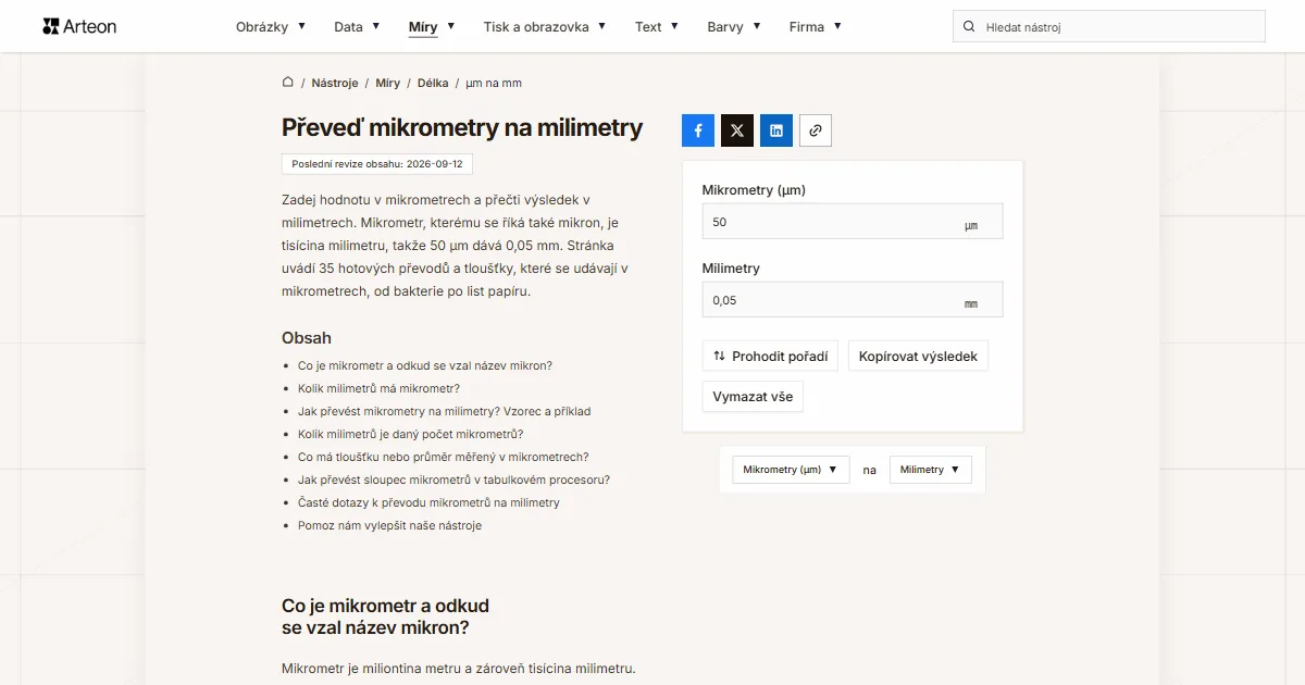 Snímek obrazovky bezplatného nástroje Arteon: Převeď mikrometry na milimetry