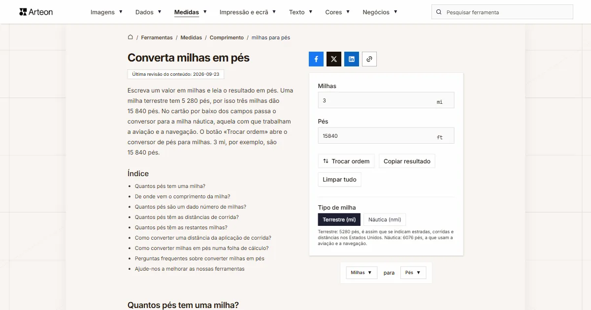 Captura de ecrã da ferramenta gratuita da Arteon: Converta milhas em pés