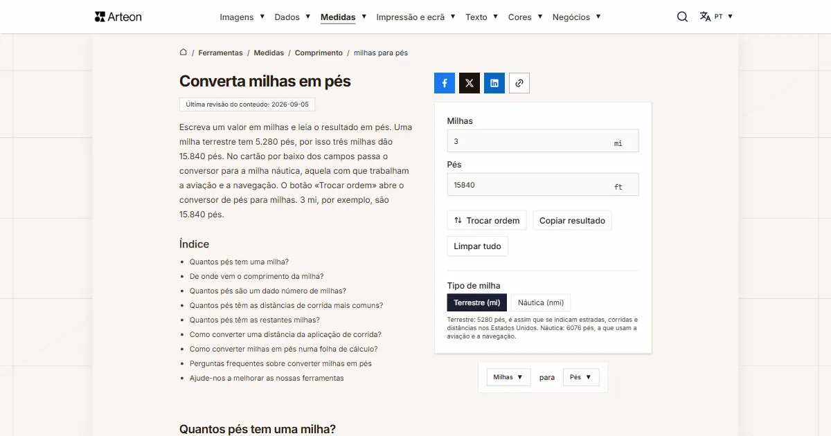 Captura de ecrã da ferramenta gratuita da Arteon: Converta milhas em pés
