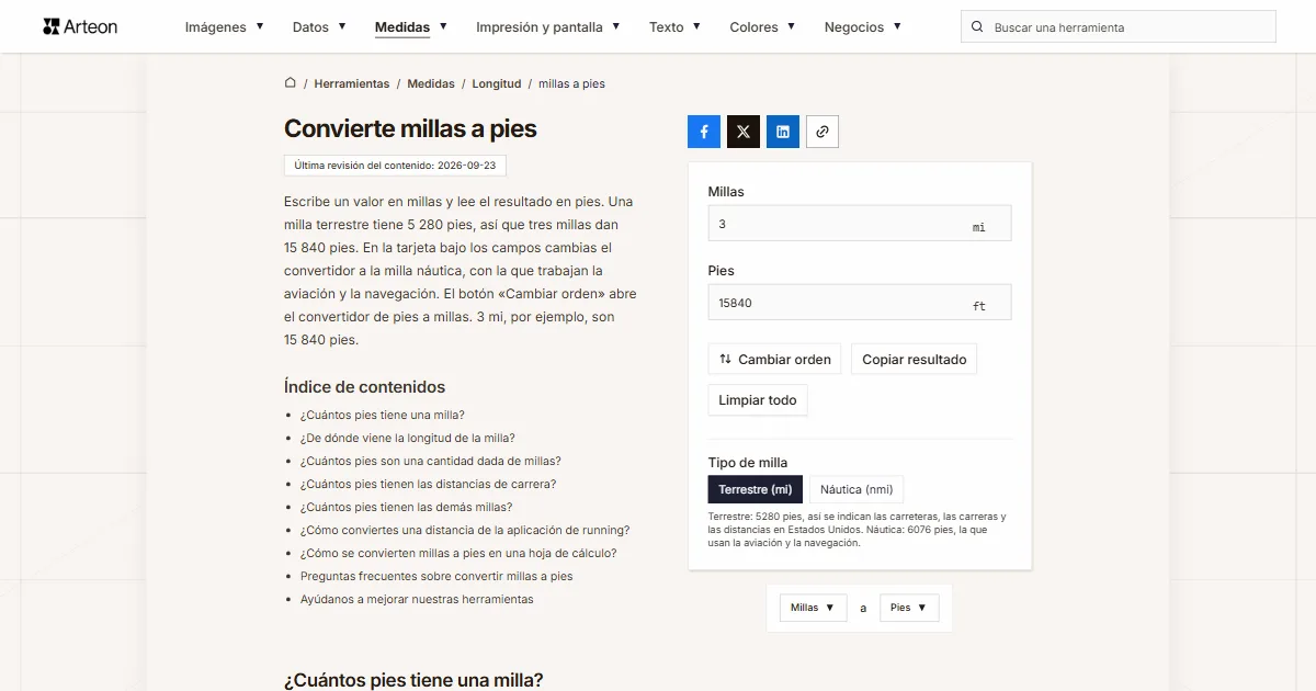 Captura de pantalla de la herramienta gratuita de Arteon: Convierte millas a pies