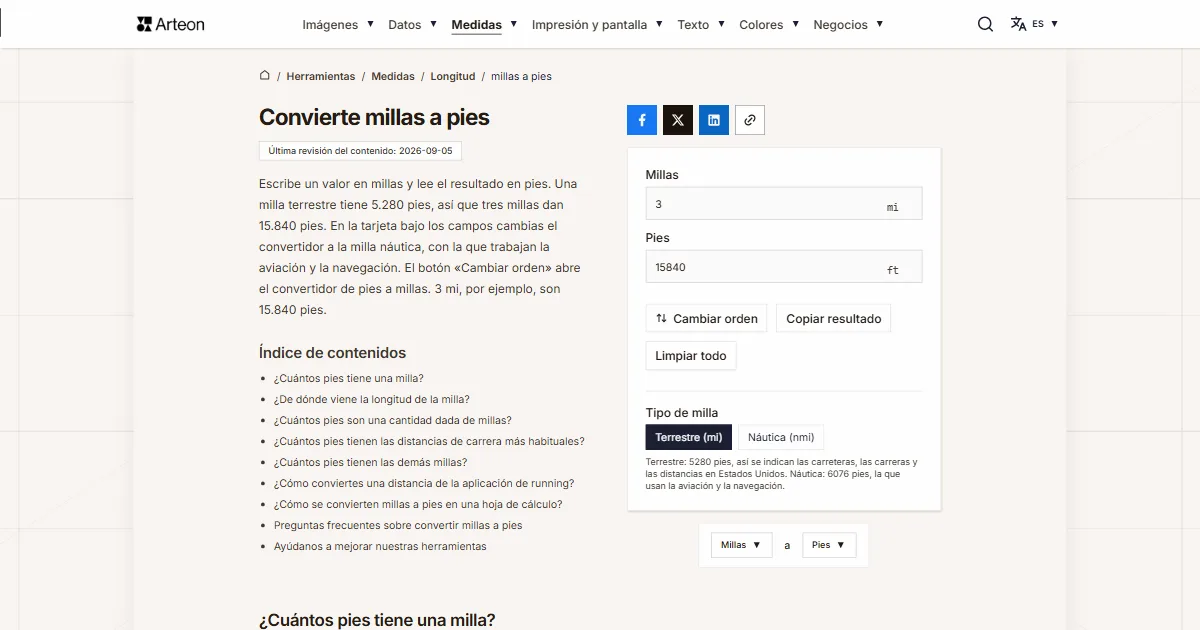 Captura de pantalla de la herramienta gratuita de Arteon: Convierte millas a pies