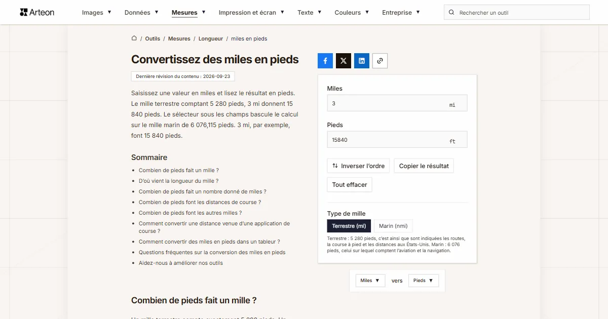 Capture d'écran de l'outil gratuit d'Arteon: Convertissez des miles en pieds
