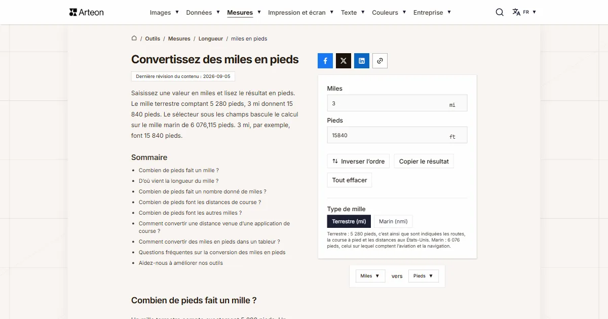 Capture d'écran de l'outil gratuit d'Arteon: Convertissez des miles en pieds