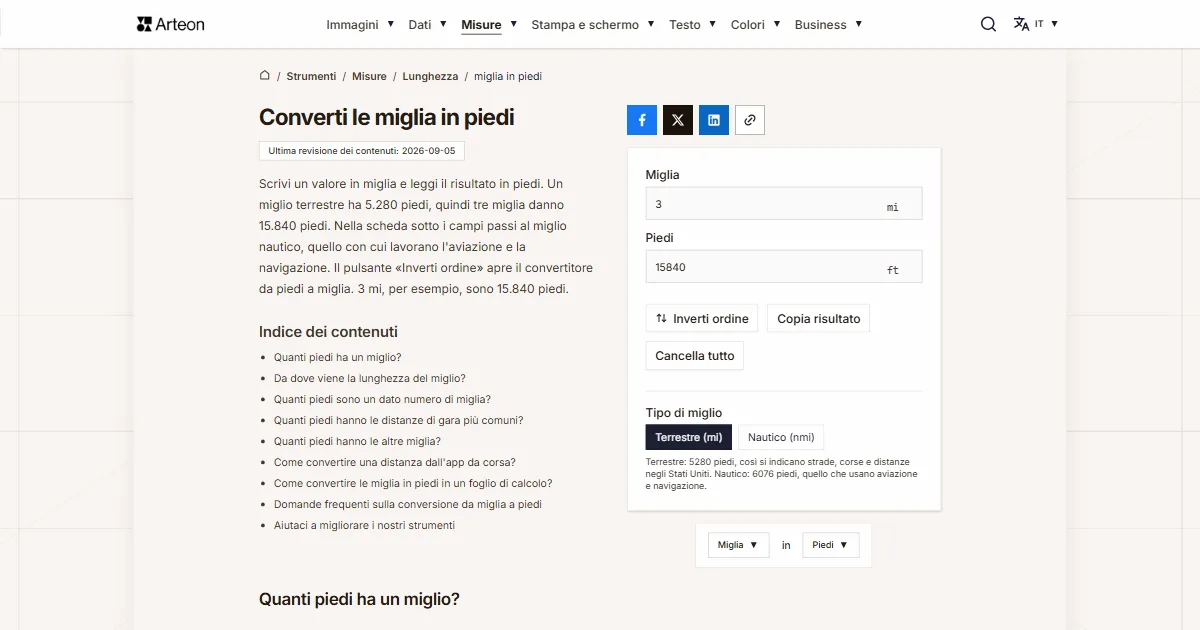 Screenshot dello strumento gratuito Arteon: Converti le miglia in piedi