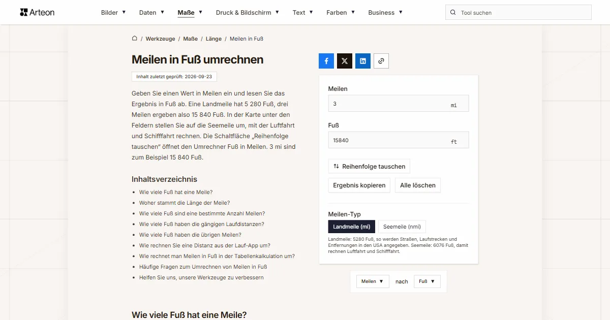 Screenshot des kostenlosen Arteon-Werkzeugs: Meilen in Fuß umrechnen