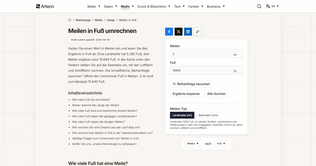 Screenshot des kostenlosen Arteon-Werkzeugs: Meilen in Fuß umrechnen