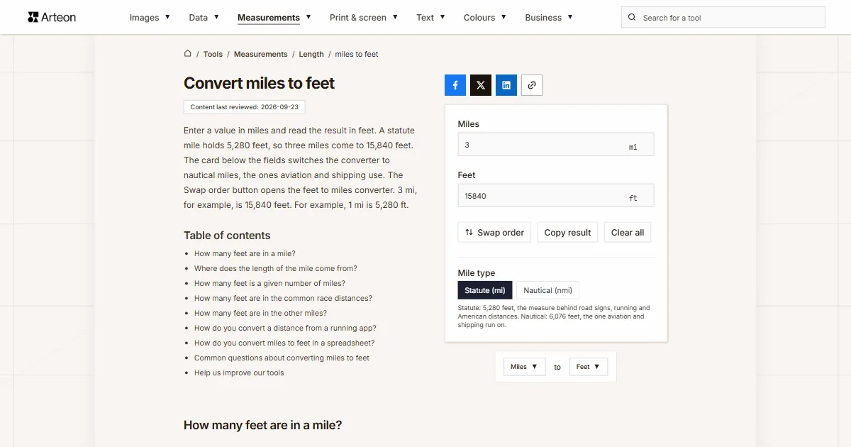 Arteon free tool screenshot: Convert miles to feet