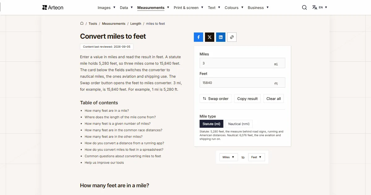 Arteon free tool screenshot: Convert miles to feet
