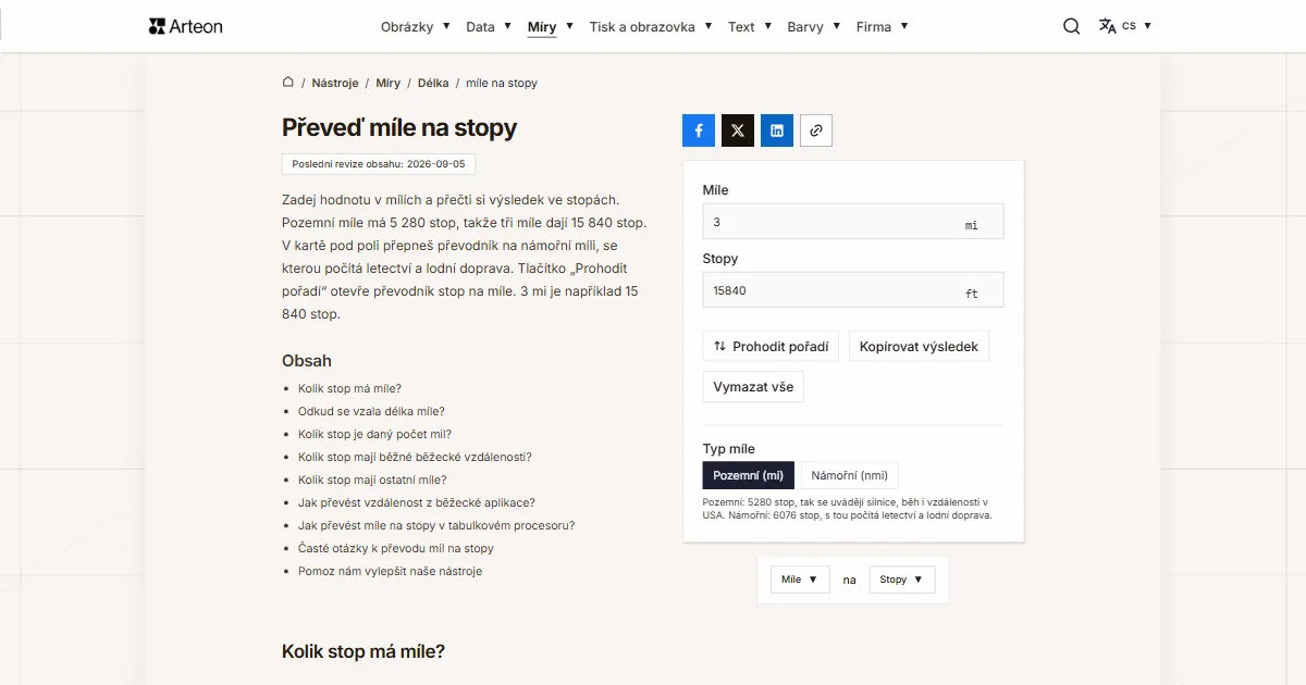 Snímek obrazovky bezplatného nástroje Arteon: Převeď míle na stopy