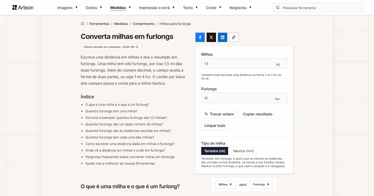 Captura de ecrã da ferramenta gratuita da Arteon: Converta milhas em furlongs