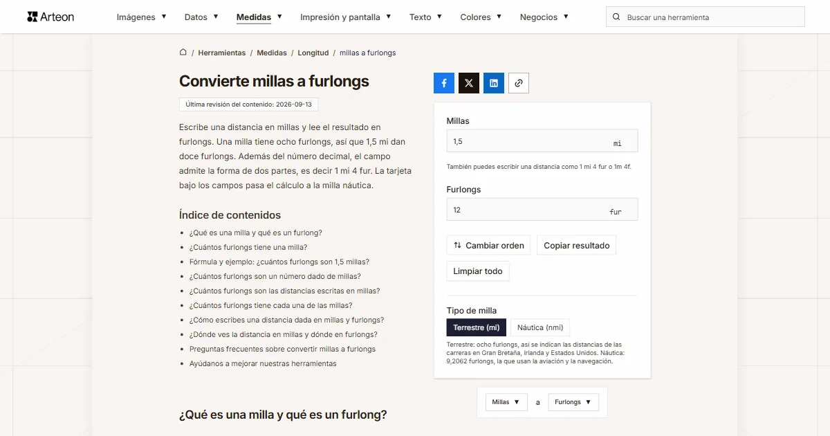Captura de pantalla de la herramienta gratuita de Arteon: Convierte millas a furlongs
