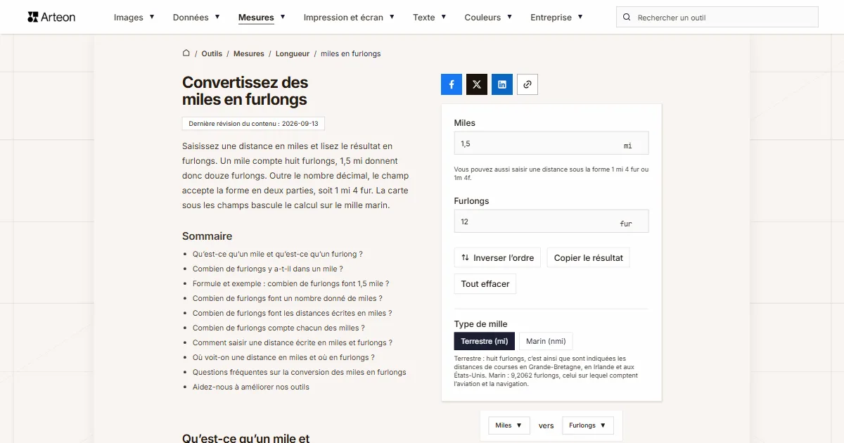 Capture d'écran de l'outil gratuit d'Arteon: Convertissez des miles en furlongs