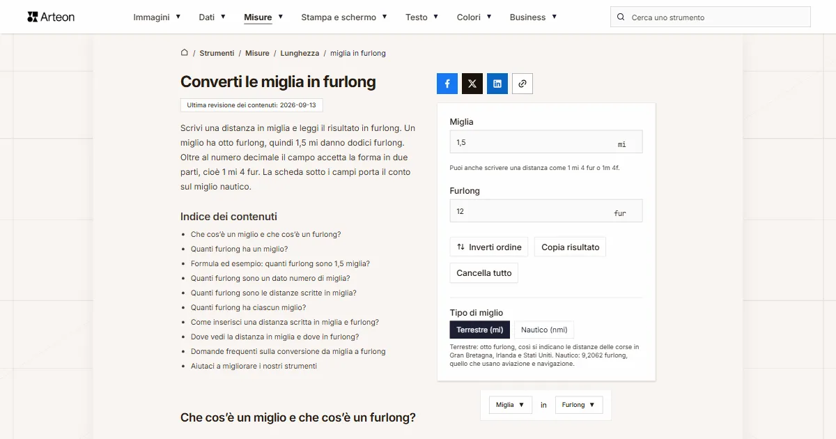 Screenshot dello strumento gratuito Arteon: Converti le miglia in furlong