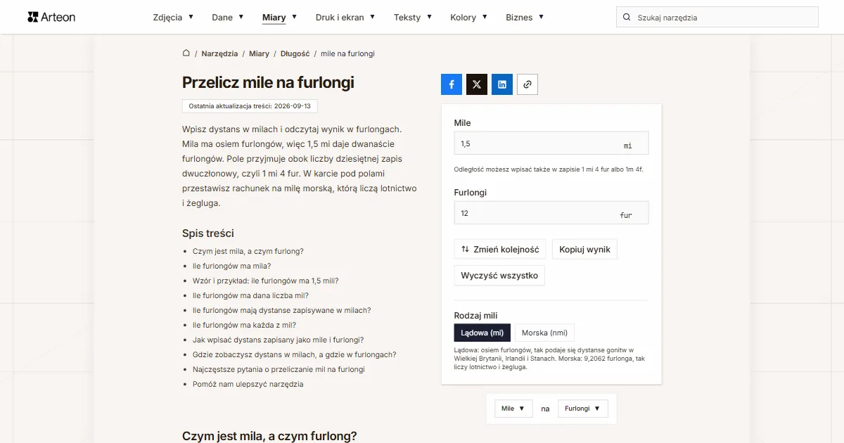 Zrzut ekranu darmowego narzędzia Arteon: Przelicz mile na furlongi