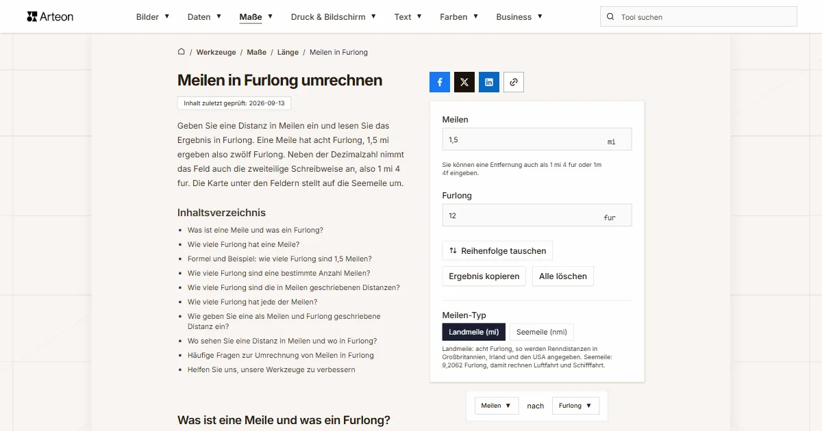 Screenshot des kostenlosen Arteon-Werkzeugs: Meilen in Furlong umrechnen