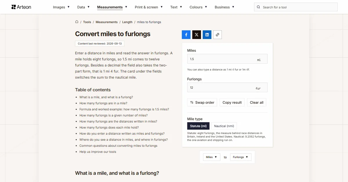 Arteon free tool screenshot: Convert miles to furlongs