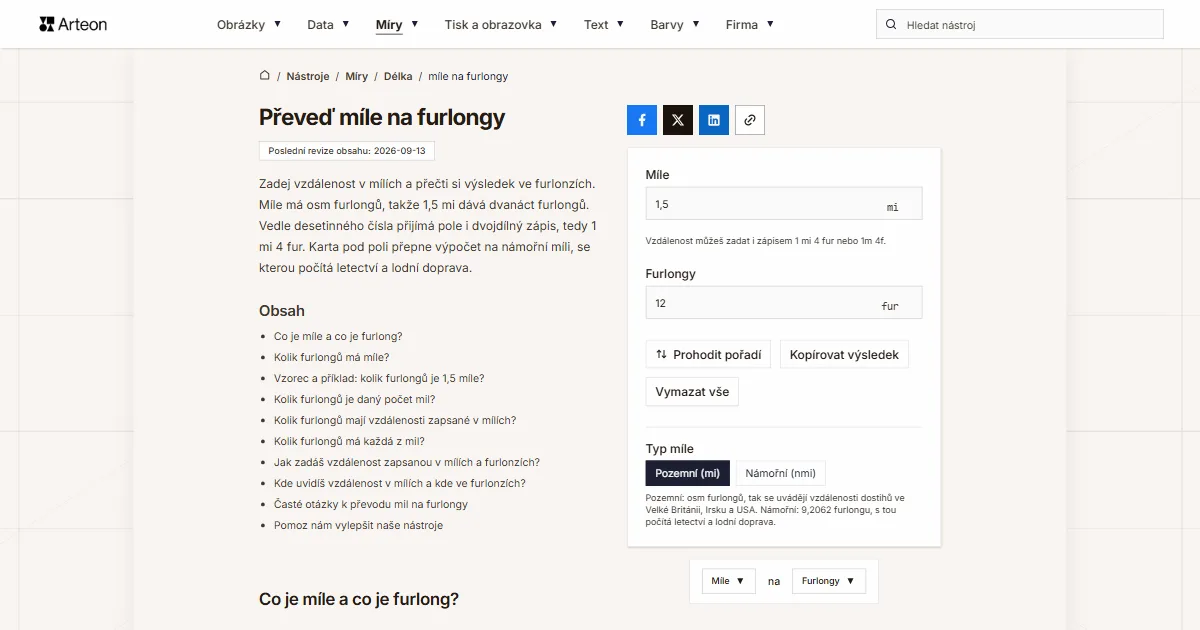 Snímek obrazovky bezplatného nástroje Arteon: Převeď míle na furlongy