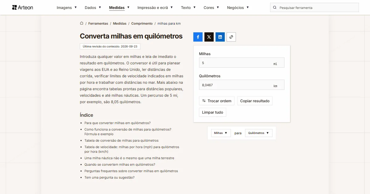 Captura de ecrã da ferramenta gratuita da Arteon: Converta milhas em quilómetros