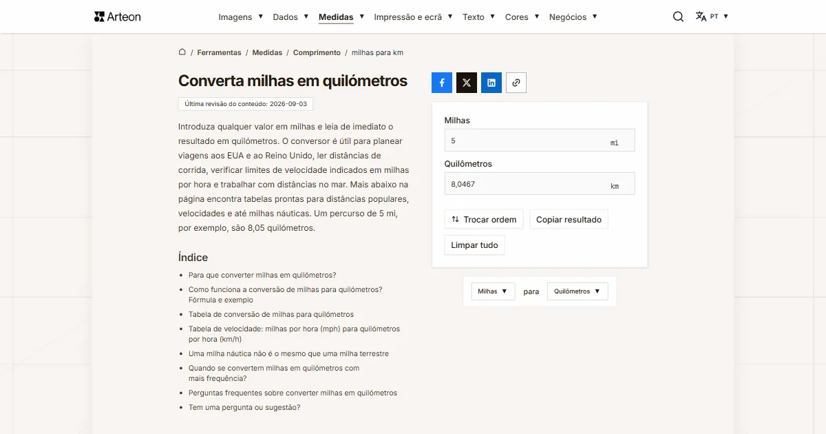 Captura de ecrã da ferramenta gratuita da Arteon: Converta milhas em quilómetros