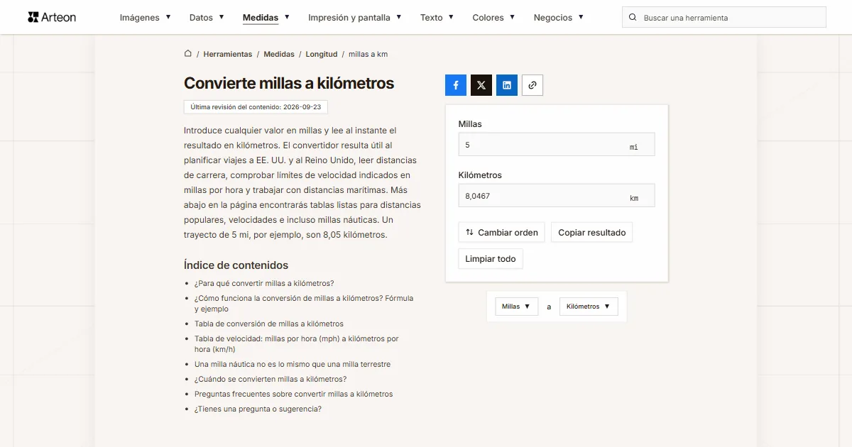 Captura de pantalla de la herramienta gratuita de Arteon: Convierte millas a kilómetros