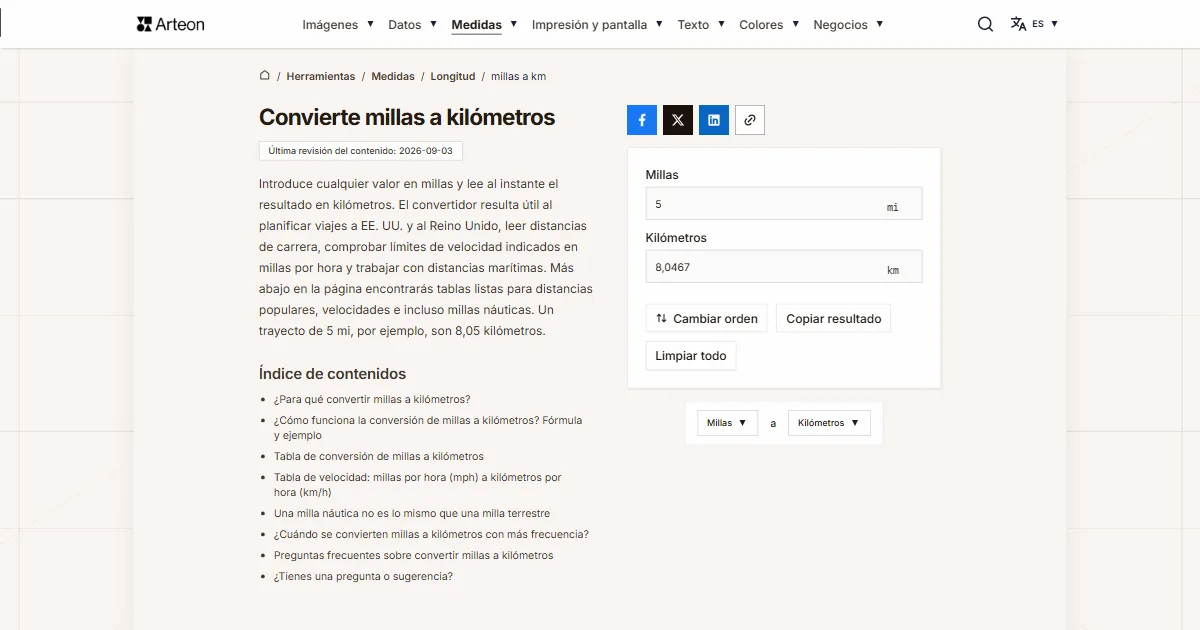 Captura de pantalla de la herramienta gratuita de Arteon: Convierte millas a kilómetros