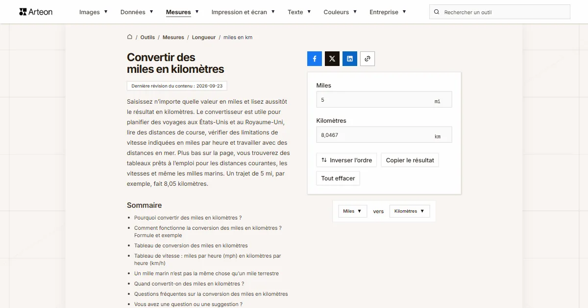 Capture d'écran de l'outil gratuit d'Arteon: Convertir des miles en kilomètres