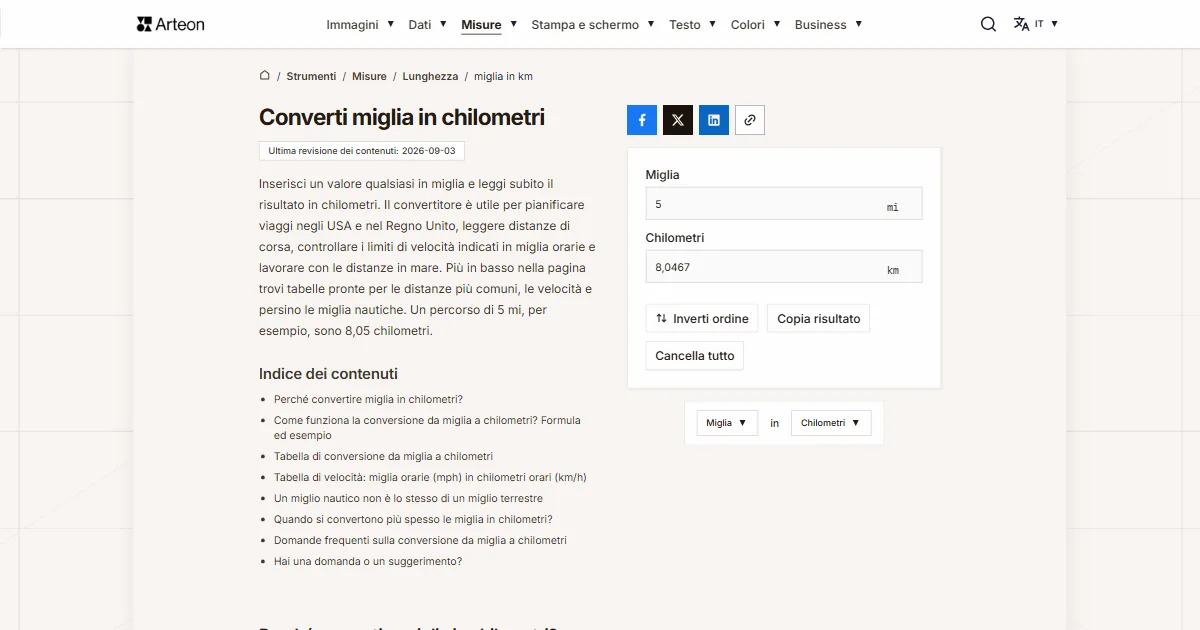 Screenshot dello strumento gratuito Arteon: Converti miglia in chilometri
