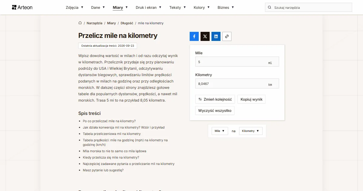 Zrzut ekranu darmowego narzędzia Arteon: Przelicz mile na kilometry