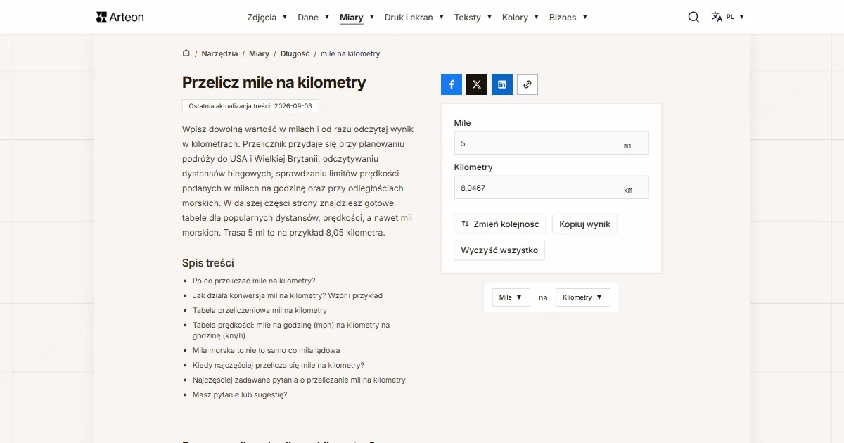 Zrzut ekranu darmowego narzędzia Arteon: Przelicz mile na kilometry