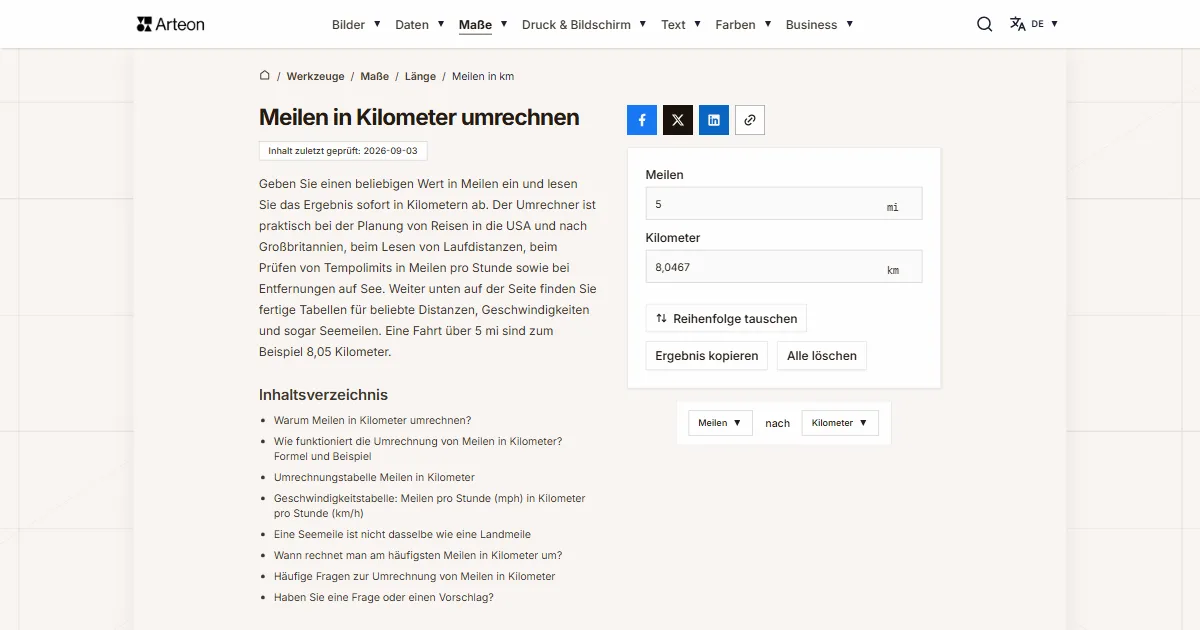 Screenshot des kostenlosen Arteon-Werkzeugs: Meilen in Kilometer umrechnen