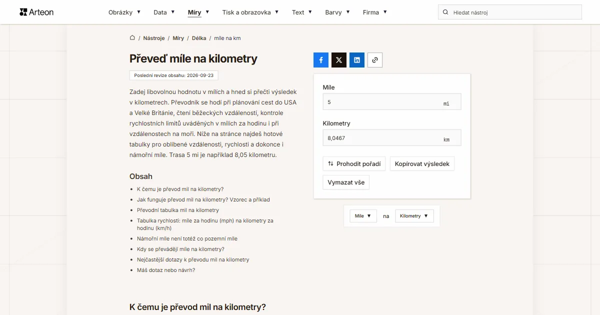 Snímek obrazovky bezplatného nástroje Arteon: Převeď míle na kilometry