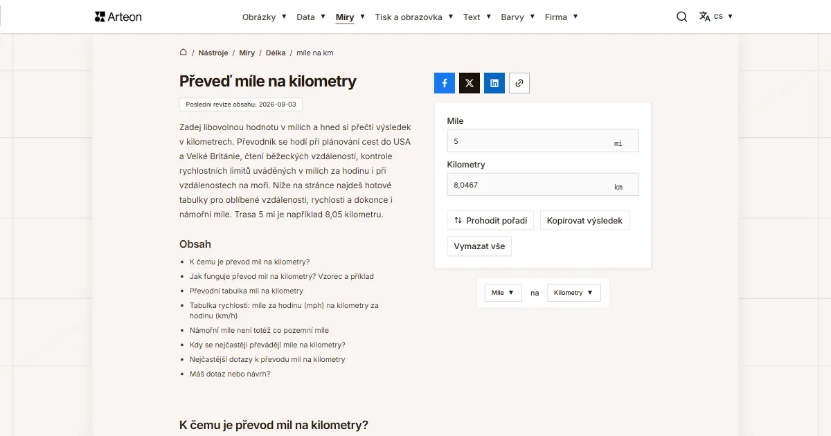 Snímek obrazovky bezplatného nástroje Arteon: Převeď míle na kilometry