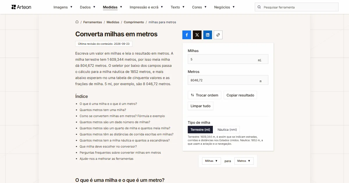 Captura de ecrã da ferramenta gratuita da Arteon: Converta milhas em metros