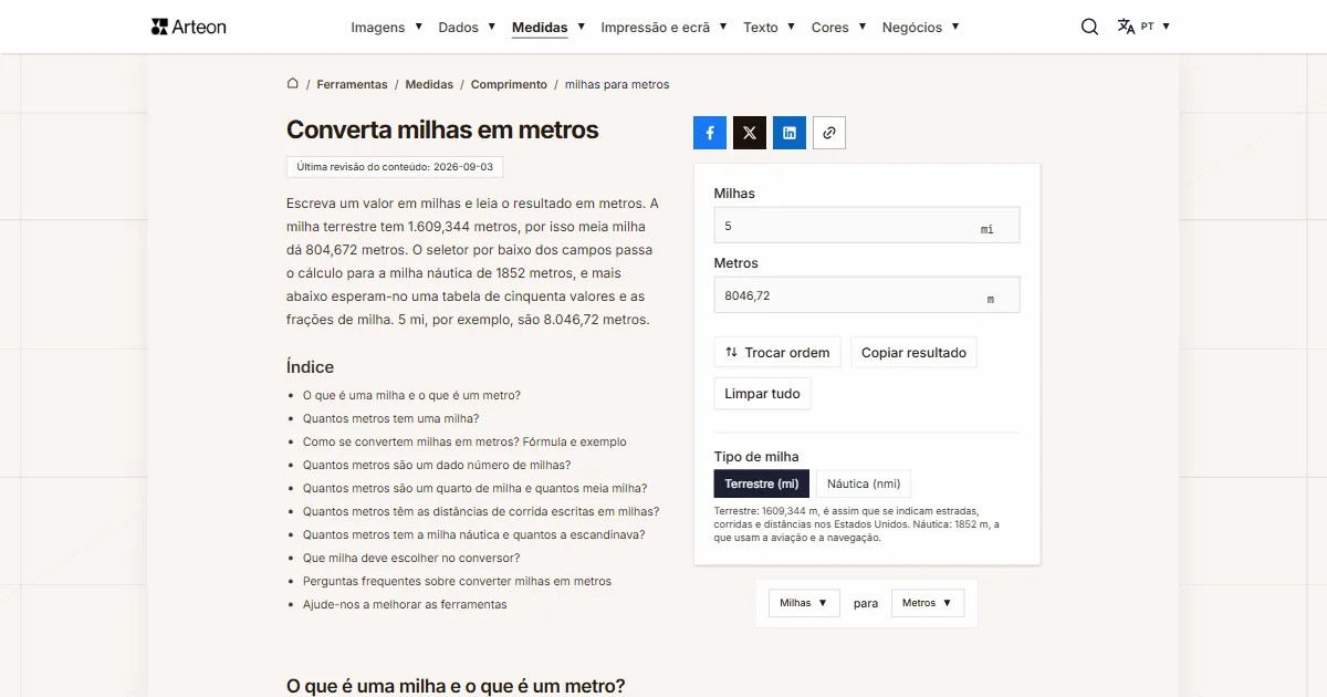 Captura de ecrã da ferramenta gratuita da Arteon: Converta milhas em metros