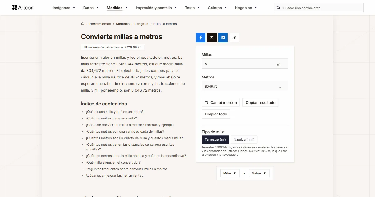 Captura de pantalla de la herramienta gratuita de Arteon: Convierte millas a metros