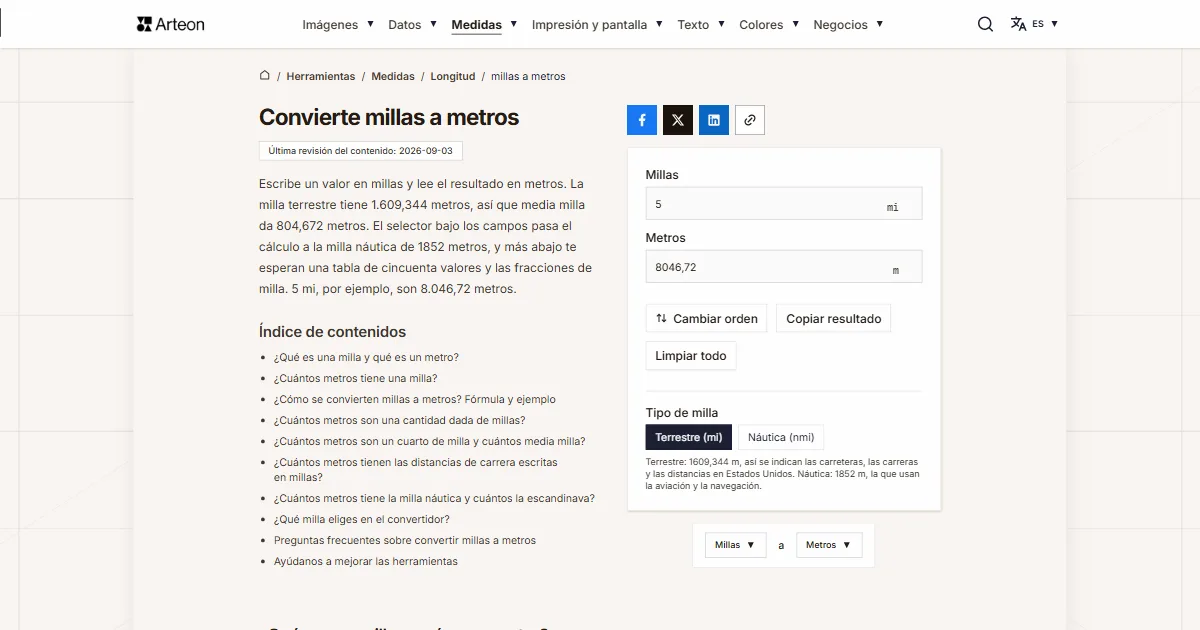 Captura de pantalla de la herramienta gratuita de Arteon: Convierte millas a metros