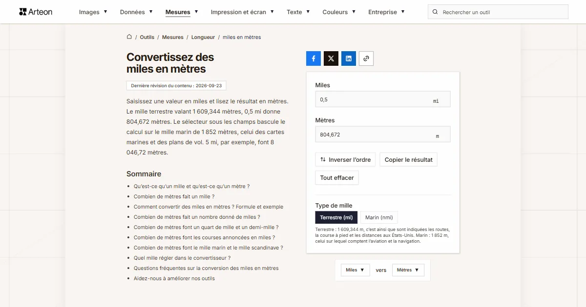Capture d'écran de l'outil gratuit d'Arteon: Convertissez des miles en mètres