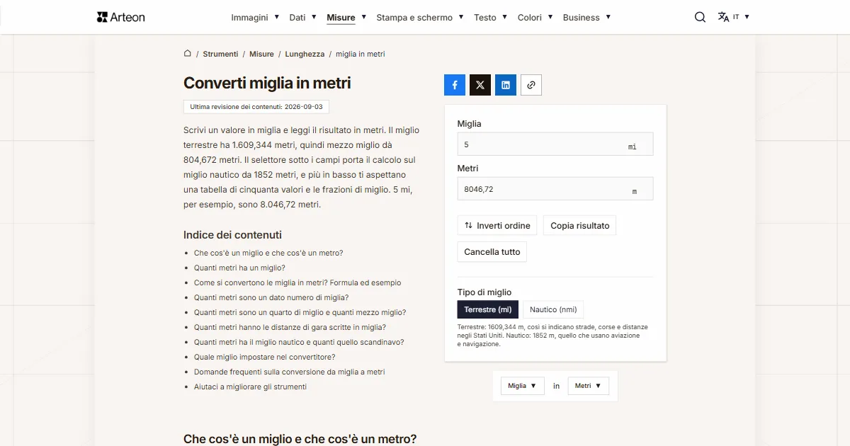 Screenshot dello strumento gratuito Arteon: Converti miglia in metri