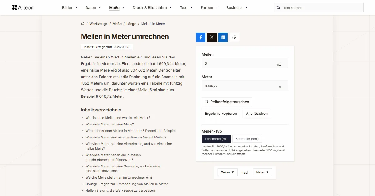 Screenshot des kostenlosen Arteon-Werkzeugs: Meilen in Meter umrechnen