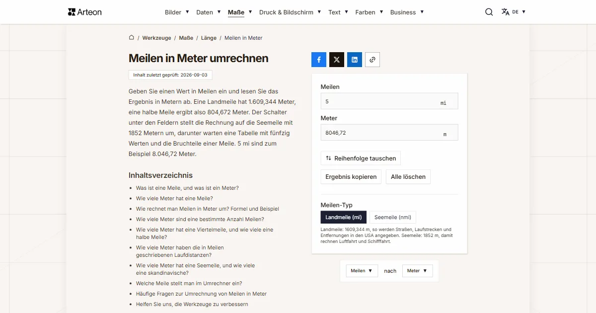 Screenshot des kostenlosen Arteon-Werkzeugs: Meilen in Meter umrechnen