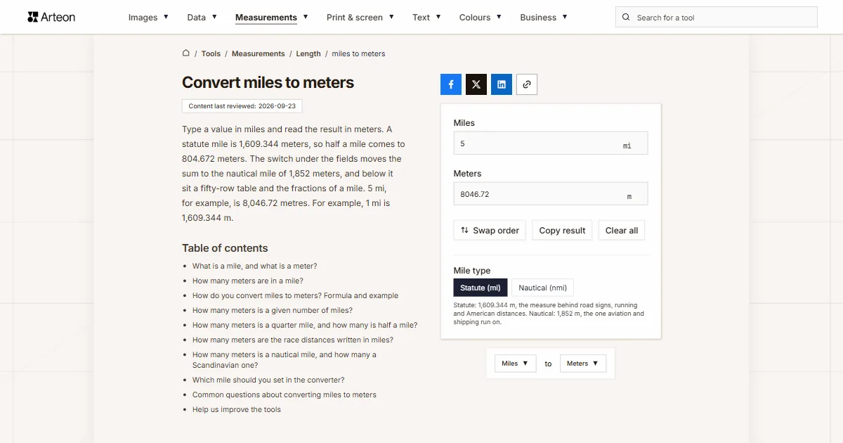 Arteon free tool screenshot: Convert miles to meters