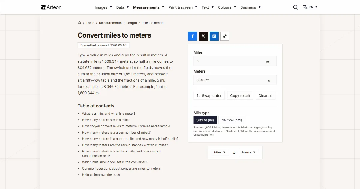 Arteon free tool screenshot: Convert miles to meters