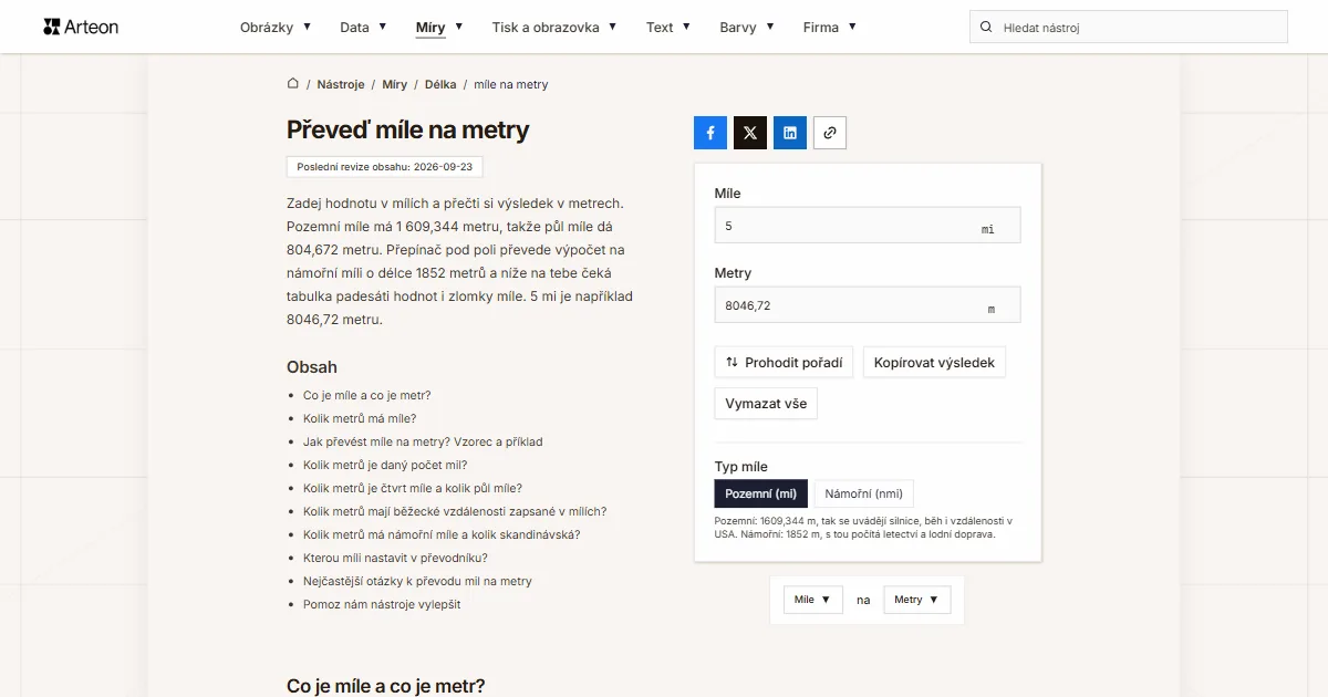 Snímek obrazovky bezplatného nástroje Arteon: Převeď míle na metry