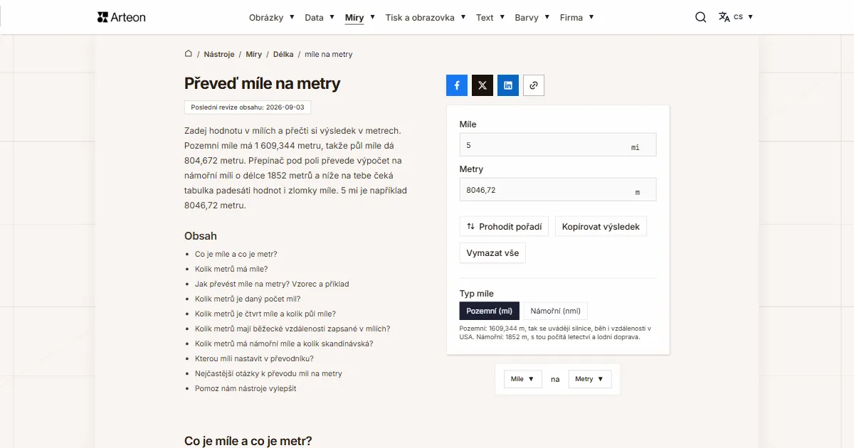 Snímek obrazovky bezplatného nástroje Arteon: Převeď míle na metry